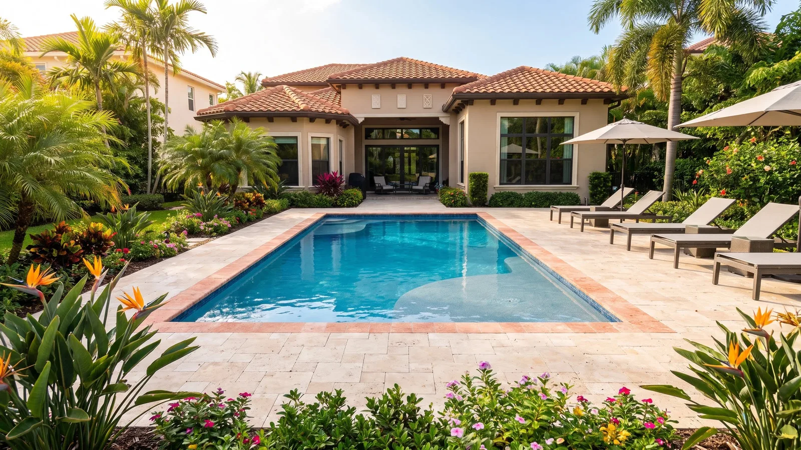 Rectangular backyard pool with stone decking and tropical landscaping beside a Florida home