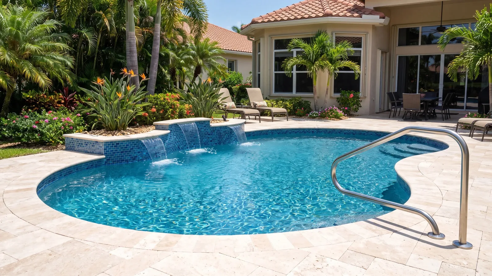 Sunlit backyard swimming pool with curved steps, stone decking and tropical landscaping