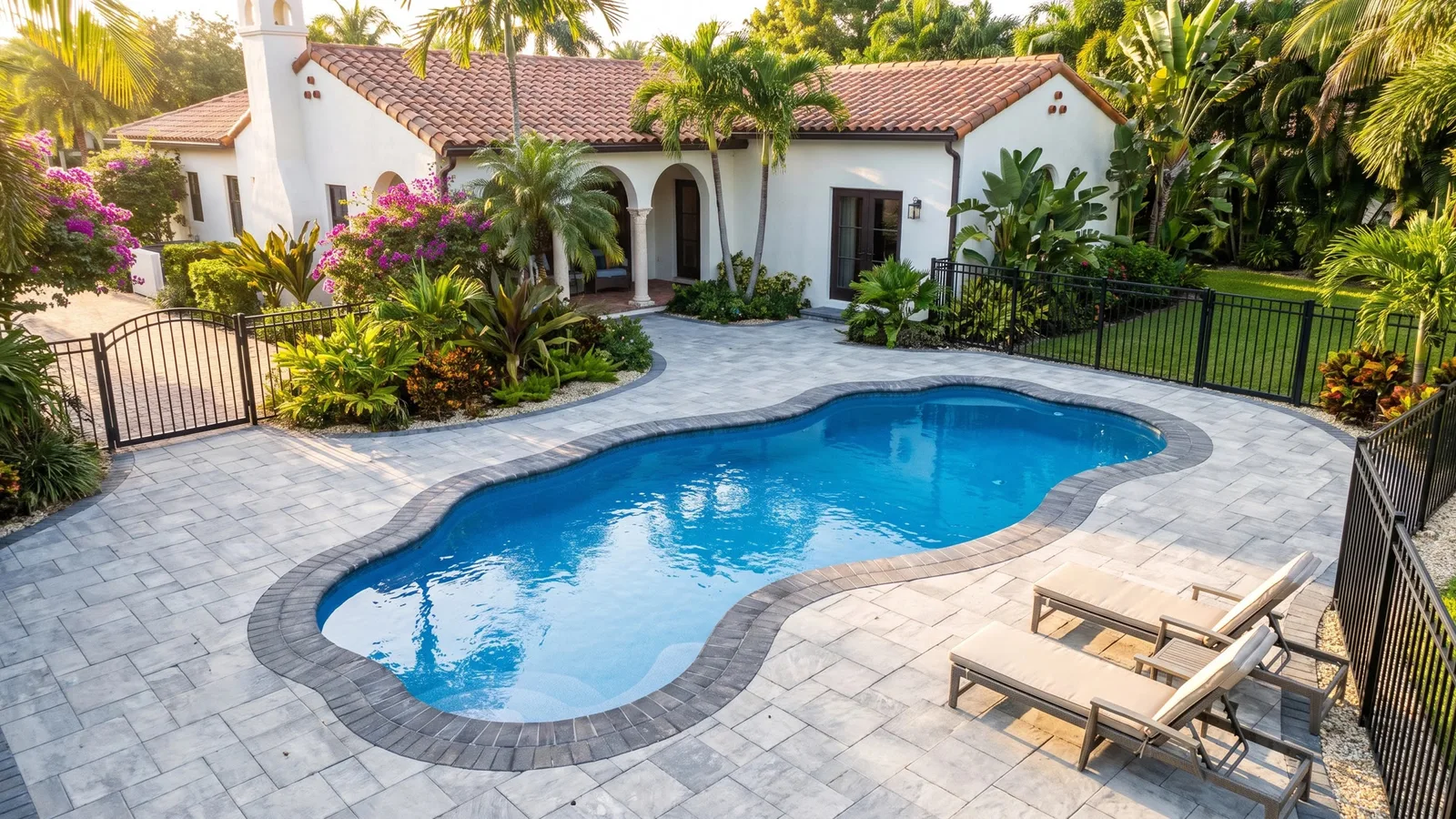 A backyard pool framed by tropical gardens and a white Florida home.