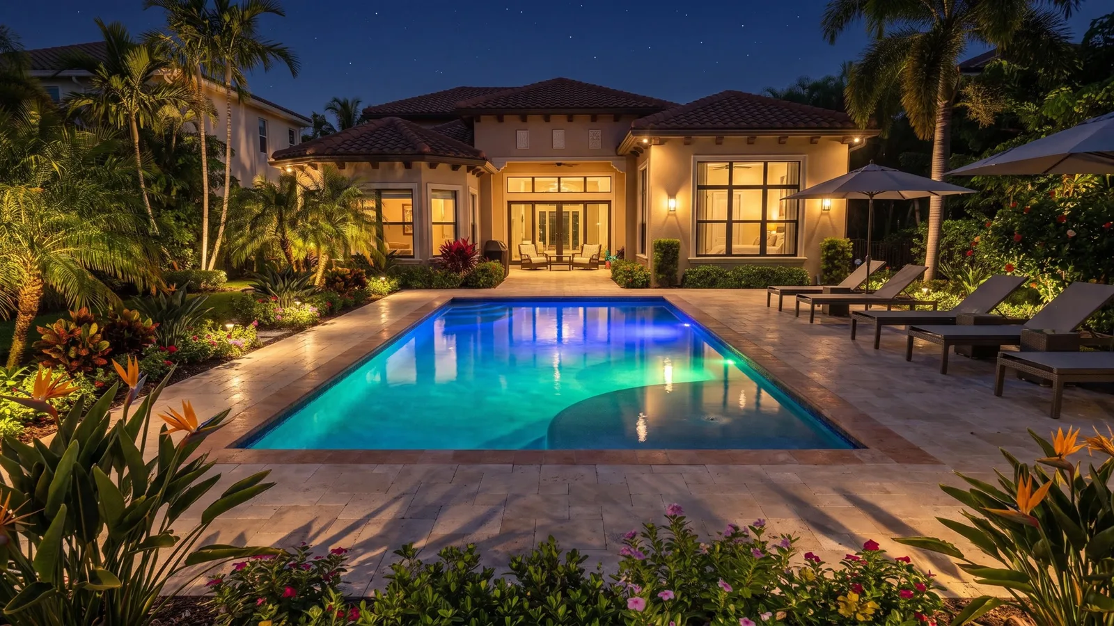 An illuminated backyard pool inviting a quiet evening swim